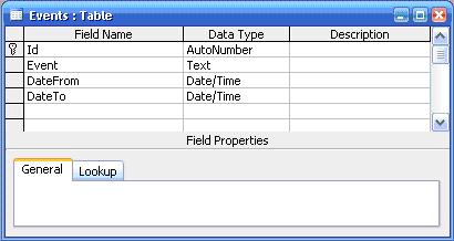 Table definition for Calendar web application