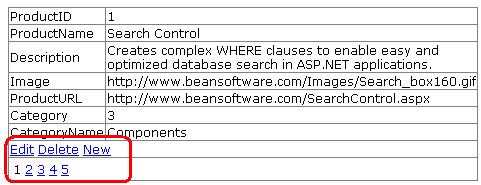 DetailsView control with Edit, Delete and New link buttons and enabled paging
