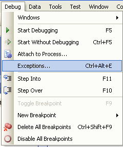 Debug - Exceptions... in Visual Studio menu