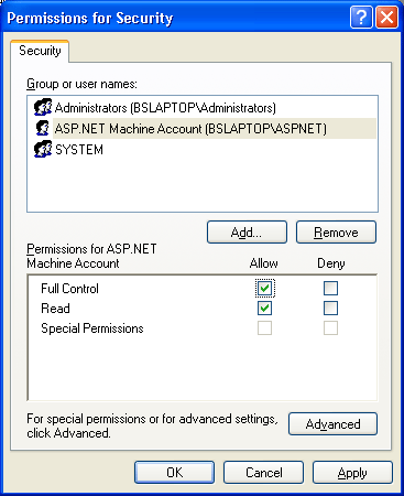 Registry permissions dialog